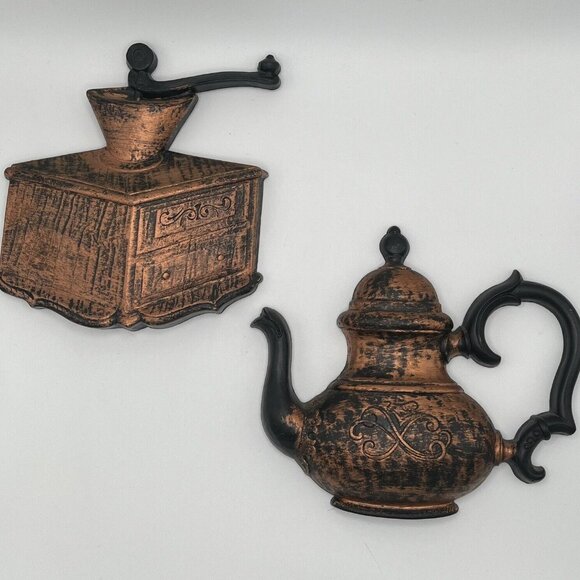 Vintage 70s HOMCO Dart Coppercraft Guild Kitchen Wall Plaques Kettle Coffee Set - Picture 1 of 6